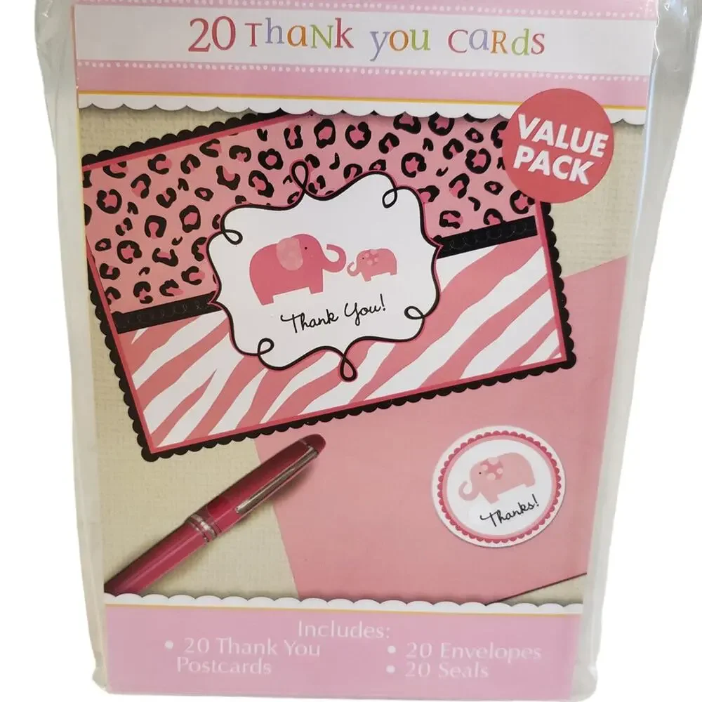 Baby Girl Pink Elephant Leopard Print Thank You Cards Baby Shower with Stickers